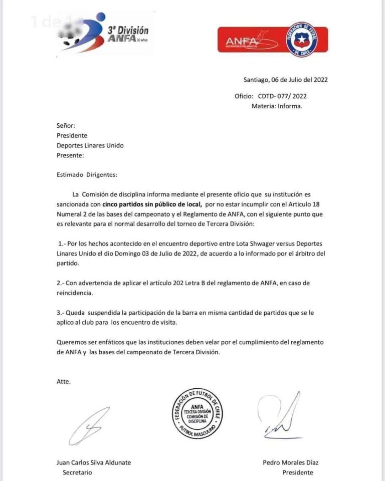 ANFA - Oficio de sanción para Deportes Linares - 2022